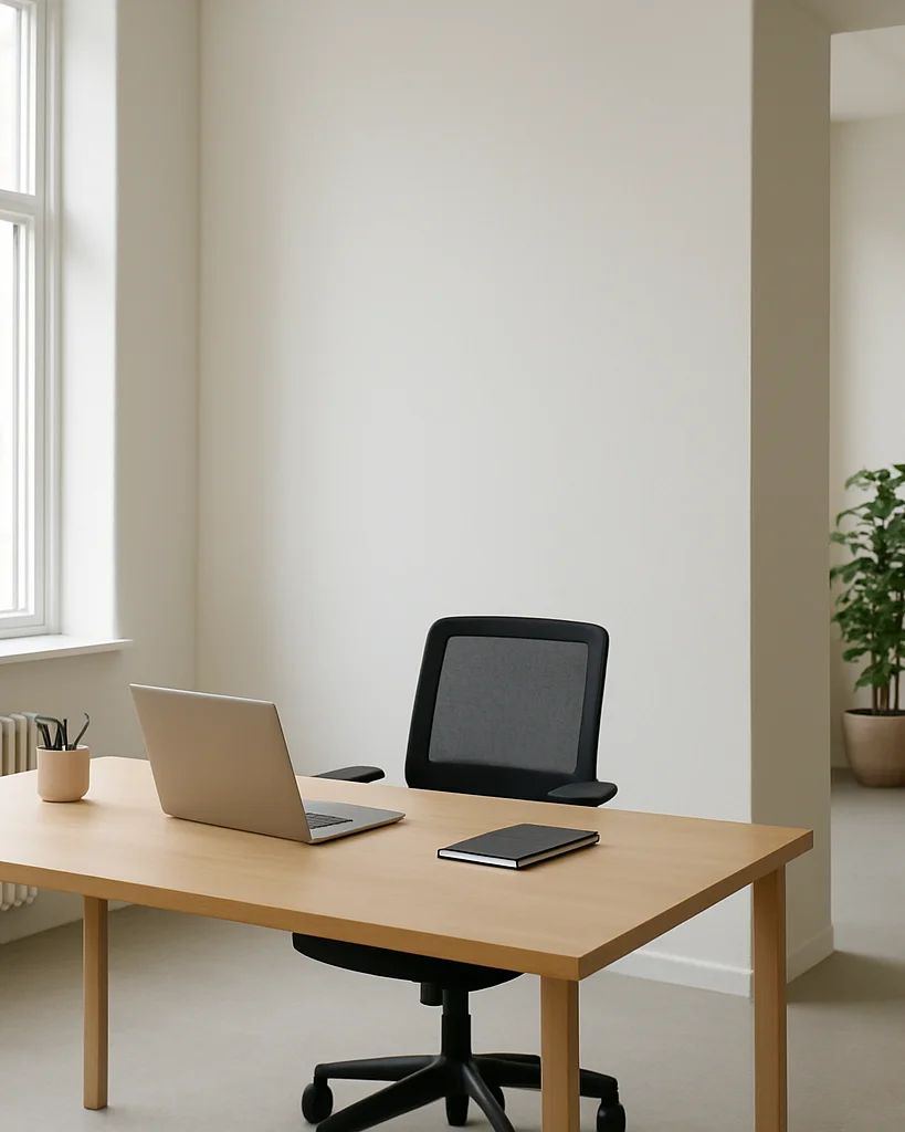 Editorial business photography, soft natural daylight, balanced neutral tones, candid wide view of a clean architectural