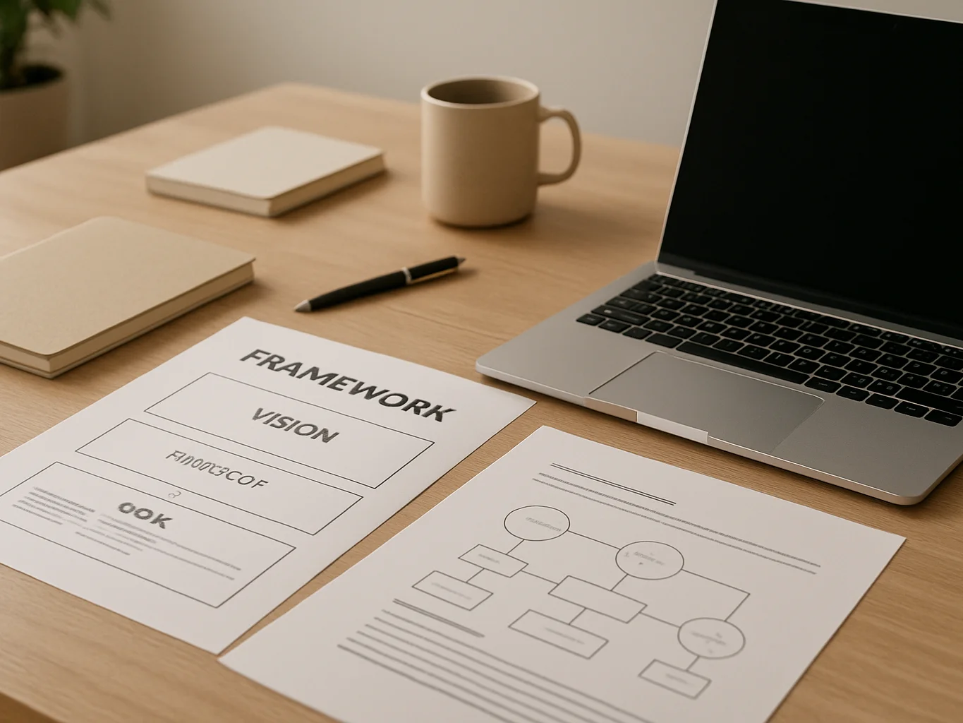 Editorial business photography of a neatly organized desk with printed framework documents and a laptop, soft natural da